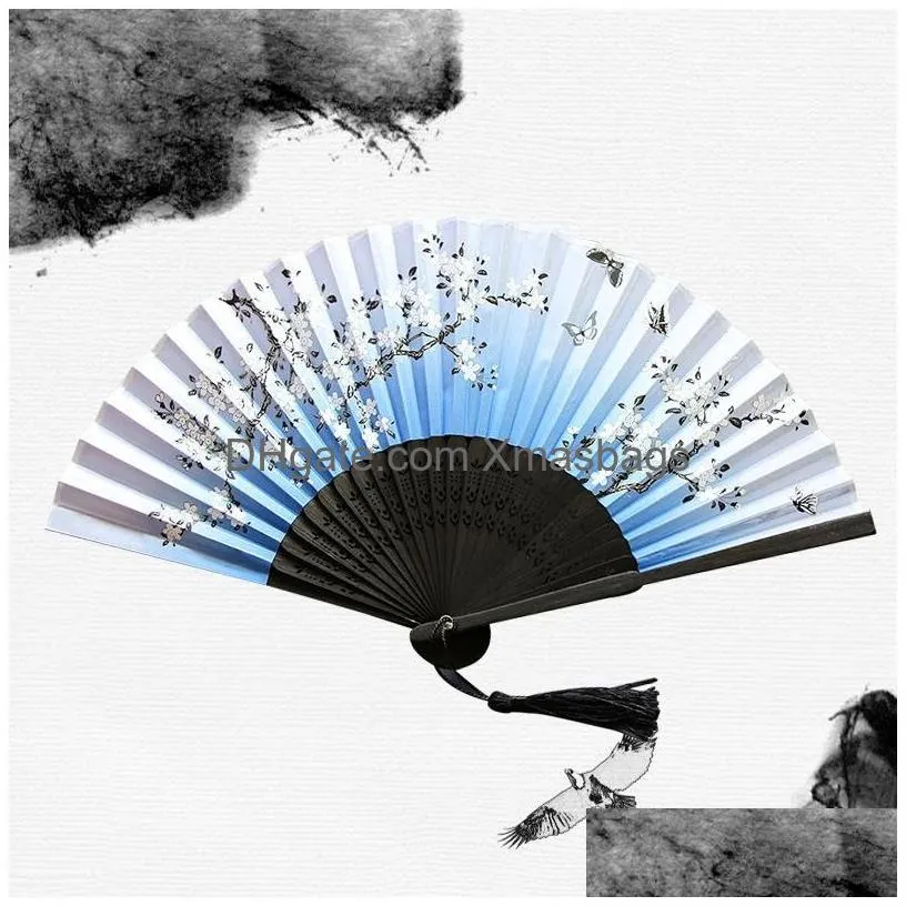 chinese japanese silk folding fan wooden shank classical dance fan high quality tassel elegent female fan home decoration