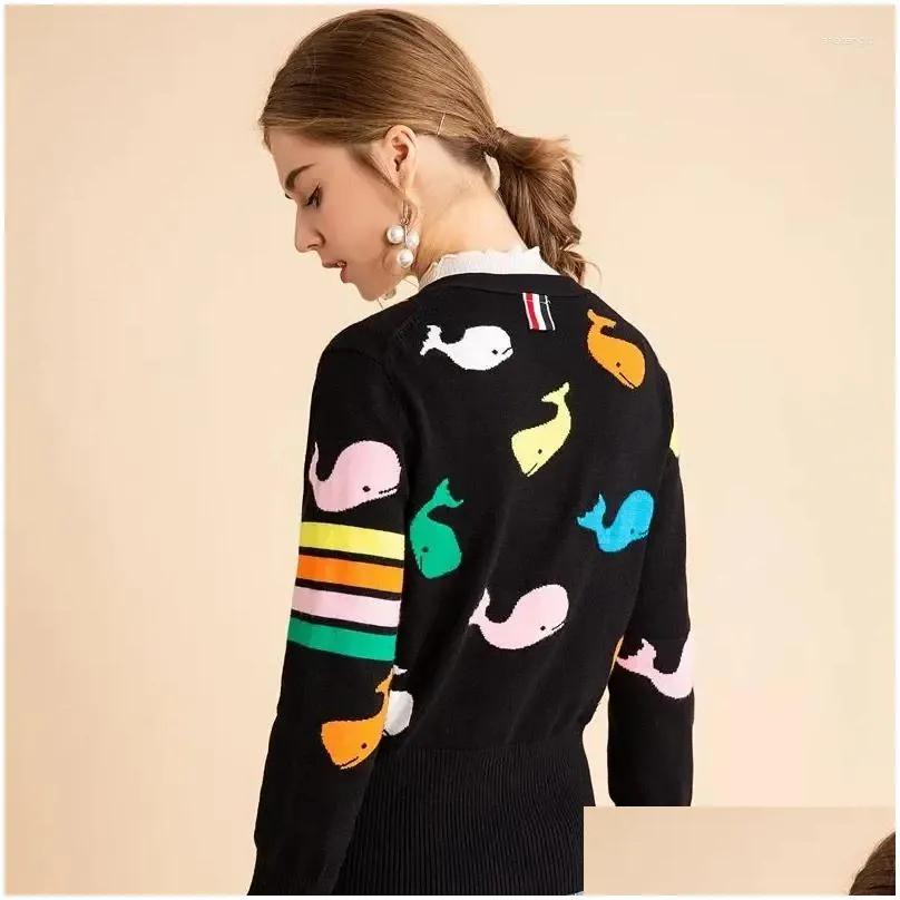women`s jackets color dancing whale jacquard coat female 2024 autumn and winter preppy style v-neck long sleeve knitted cardigan top