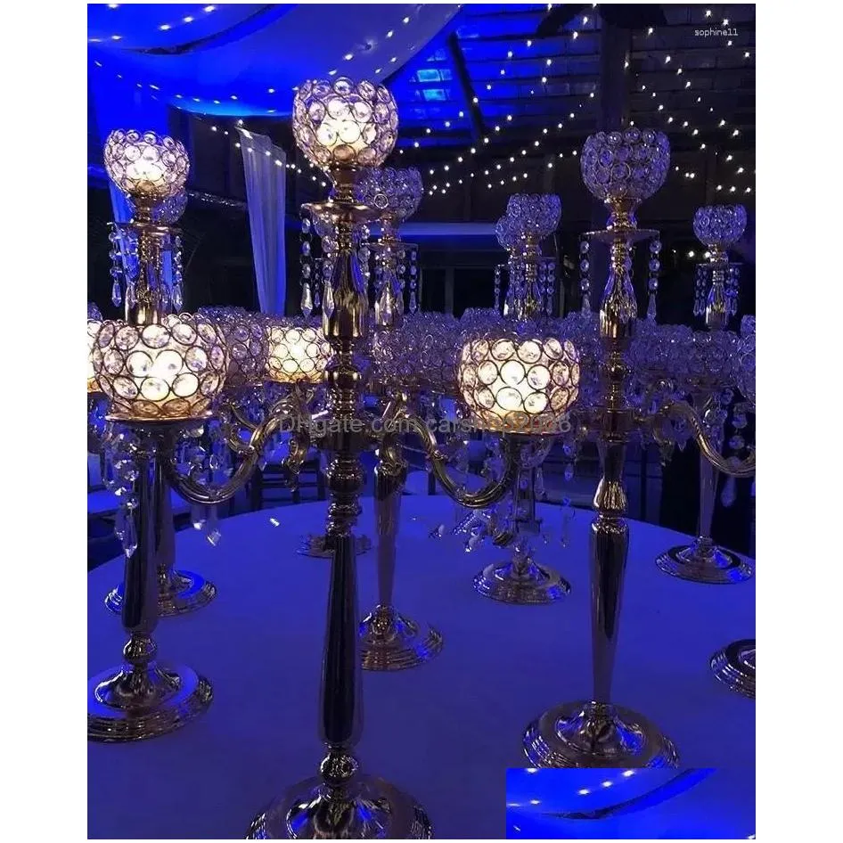 party decoration 5 arm gold candle holders candlestick wedding centerpieces for tables centre de table mariage crystal centerpiece