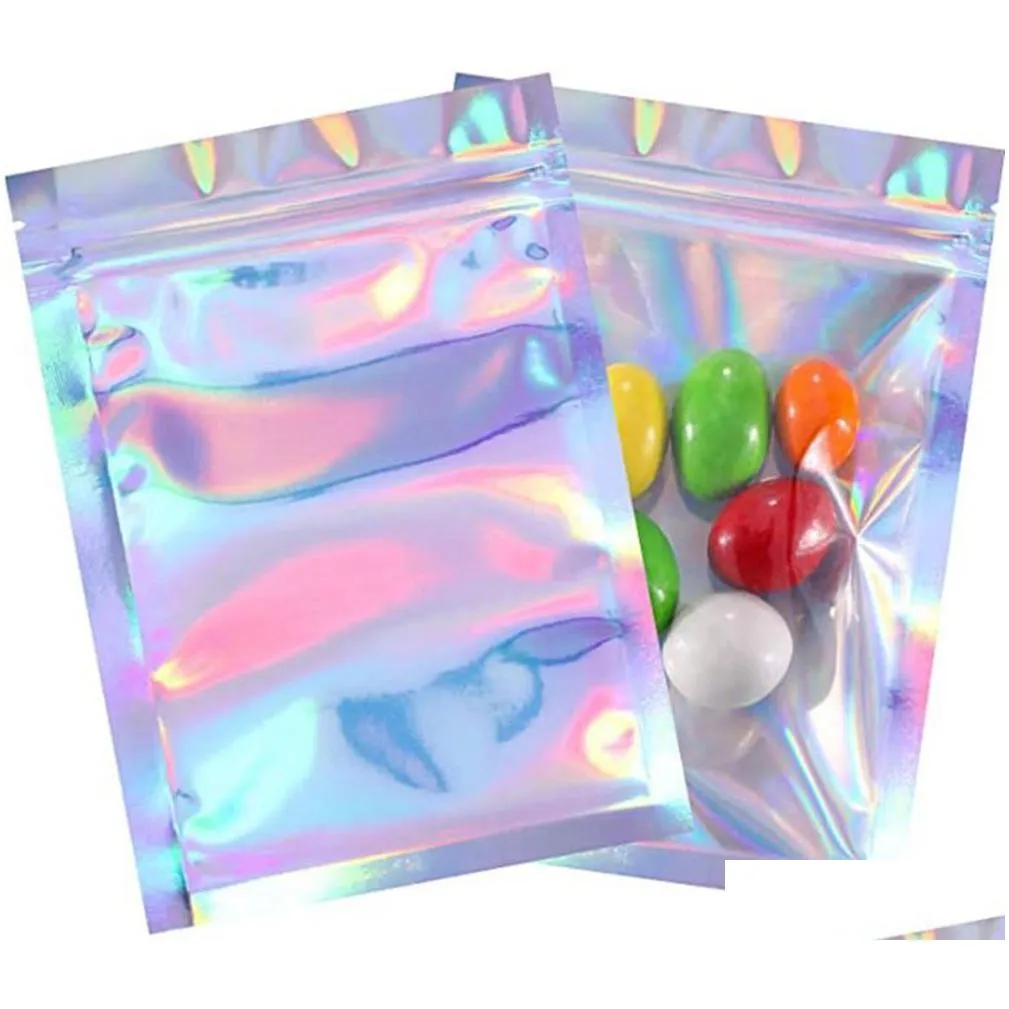 Packing Bags Wholesale 500Pcs Drop Resealable Mylar Bags Holographic Color Mtiple Sizes Smell Proof Bag Clear Zip Lock Food Candy Stor Dhcqa