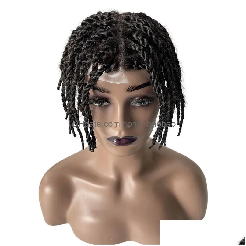 Mens Childrens Wigs Brazilian Virgin Human Hair Replacement 200% Density 1  Black Twist Braids Knots Skin Pu Toupee For Men Drop Dhkzm