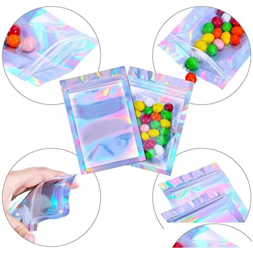 Packing Bags Wholesale Resealable Smell Proof Bags Mylar Foil Pouch Flat Zipper Bag Laser Rainbow Holographic Color Packaging For Part Dh2Fu