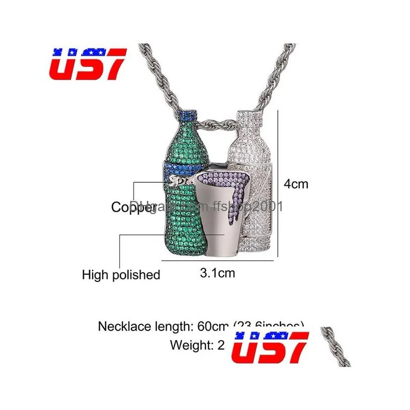 us7 iced out sprite bottle cup pendants necklaces crystal zircon shiny wine bottle necklace hip hop bling rapper jewelry1709006