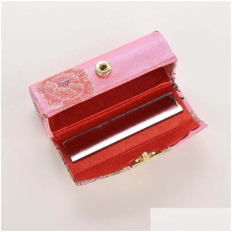 wholesale-embroidered flower design lipstick case box with mirror hasp cosmetic bags coin lipstick holder color send randomly