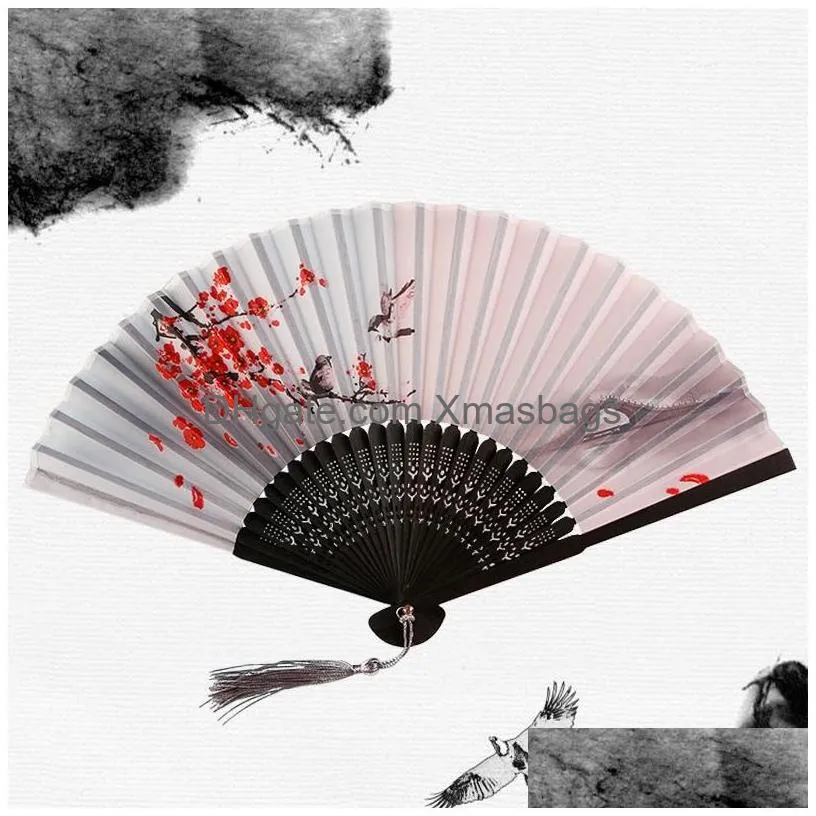 chinese japanese silk folding fan wooden shank classical dance fan high quality tassel elegent female fan home decoration