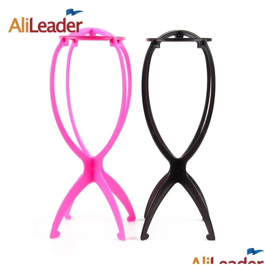 factory selling adjustable plastic wig stand for showing/display wigs pink black color portable folding wig holder stands
