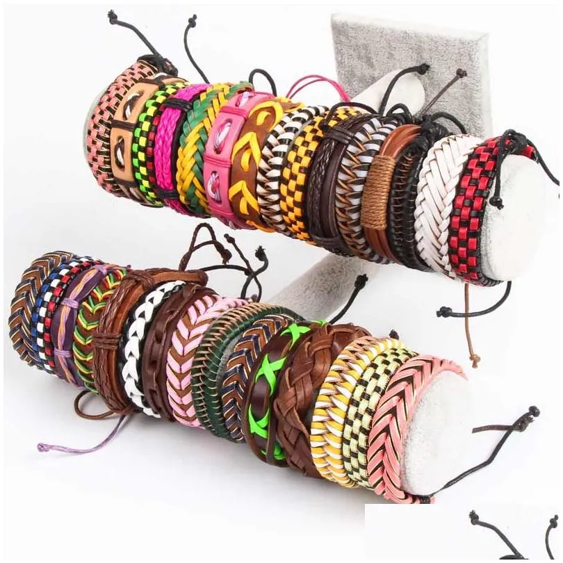 Cuff Wholesale 100Pcs Cuff Leather Bracelets Handmade Genuine Fashion Bracelet Bangles For Men Women Jewelry Mix Colors Brand New Dro Dhrid