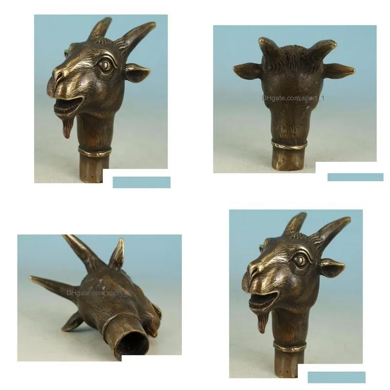 collect bronze handmade carving goat head sheep head cane walking stick head statue deer statue3837122