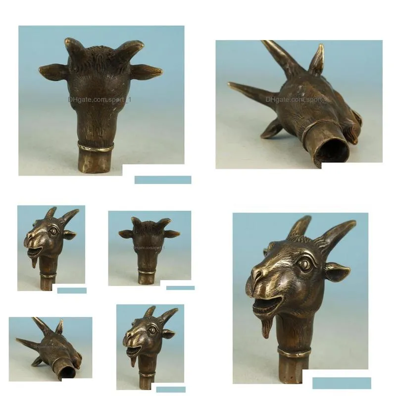 collect bronze handmade carving goat head sheep head cane walking stick head statue deer statue3837122