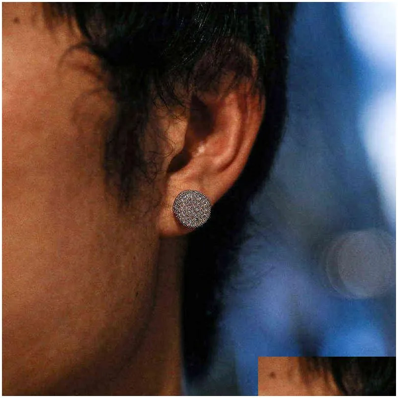Jewelry Hip Hop 1Pair Micro Fl Paved Round Zircon Cz Stone Bling Iced Out Stud Earring Copper Earrings For Men Jewelry 220125 Drop Del Dhte8
