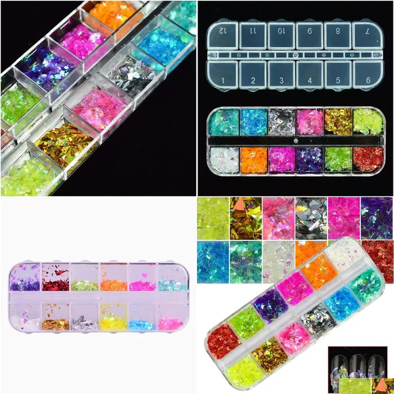 nail glitter 1 set 12 candy color mixed ice mylar shell foils art flakes manicure nails tips decorations 3d designs chbgz