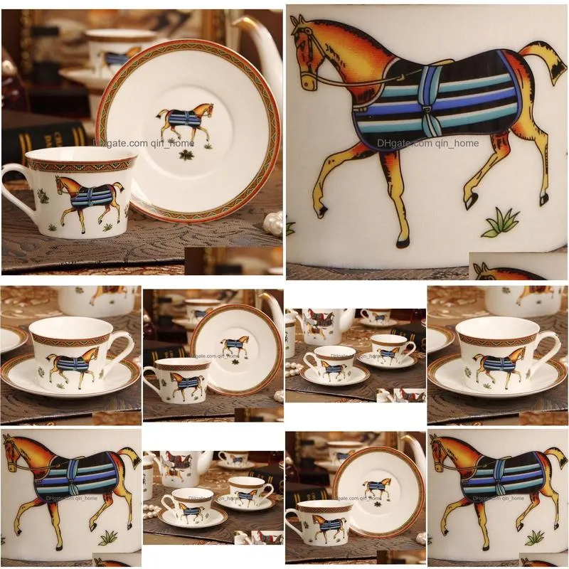 horse design porcelain coffee cup with saucer bone china coffee sets glasses gold outline tea cups