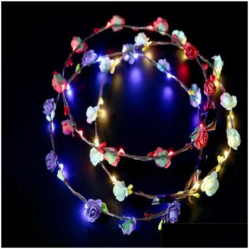 Hair Accessories 20Pcs/ Colorf Christmas Party Glowing Wreath Halloween Crown Flower Headband Women Girls Led Light Up Hair Hairband D Dh1Ai