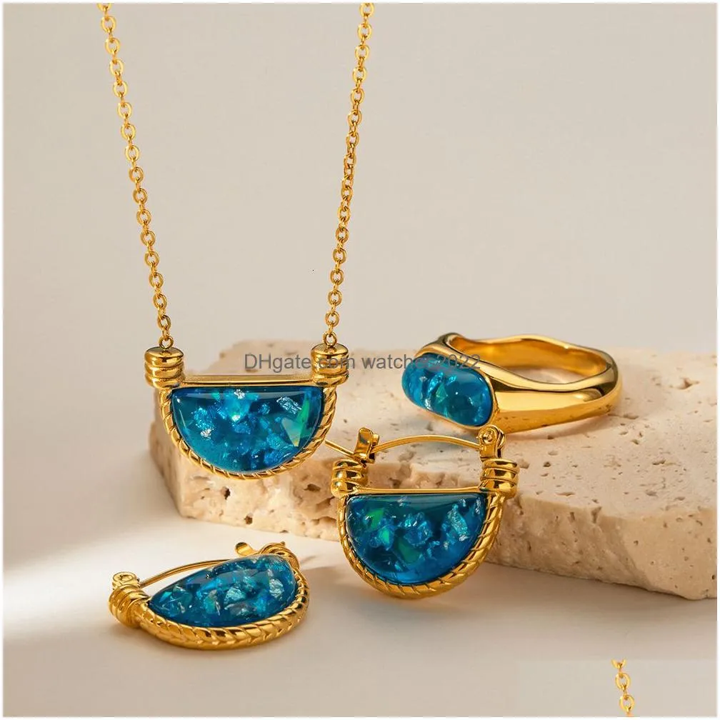Wedding Jewelry Sets Youthway Blue Resin Scalloped Basket Pendant Necklace Earrings Ring Set Trendy Fashion Waterproof Chic Party Gif Dhnbr