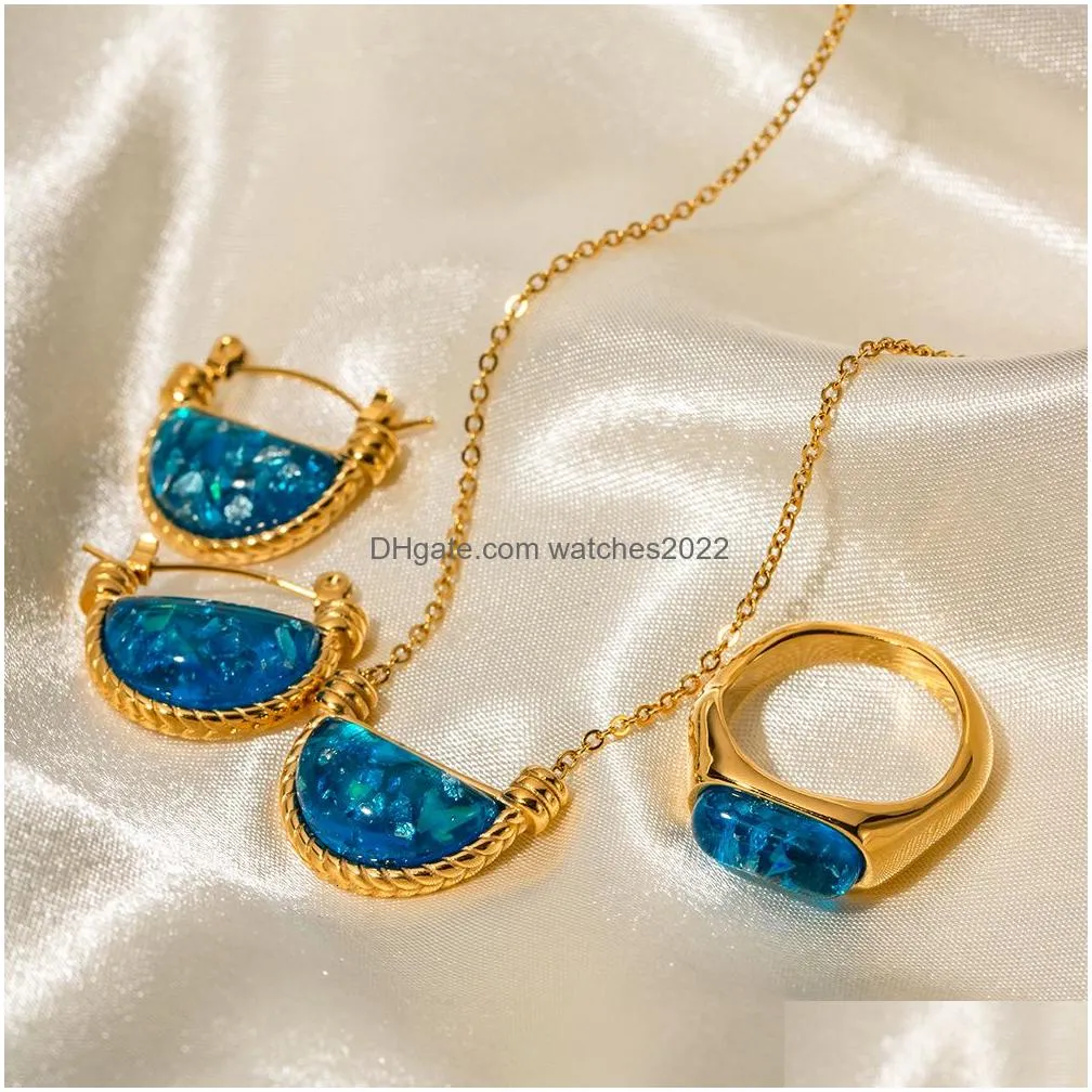 Wedding Jewelry Sets Youthway Blue Resin Scalloped Basket Pendant Necklace Earrings Ring Set Trendy Fashion Waterproof Chic Party Gif Dhnbr