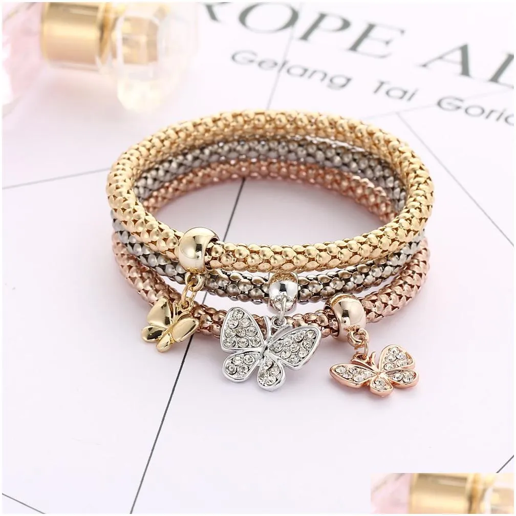 Charm Bracelets Explosion-Proof Alloy Three-Color Suit Stretch Popcorn Corn Chain Diamond Butterfly Pendant Bracelet Drop Delivery Je Dhnpe