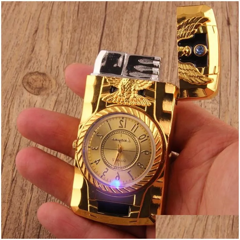 Lighters Sell Gold Windproof Watch  Lighter Torch Turbo Gas Cigar Cigarette Metal Led Inflated Gasoline Butane Men Drop Delivery Ho Dhmel