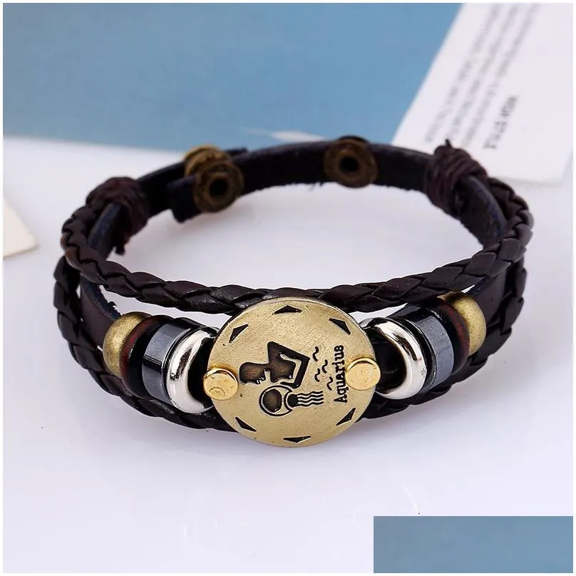 Charm Bracelets 12 Constellations Genuine Leather Charm Bracelets Men S Zodiac Vintage Braided Rope Wrap Adjustable Bangle For Women Dhs9Z