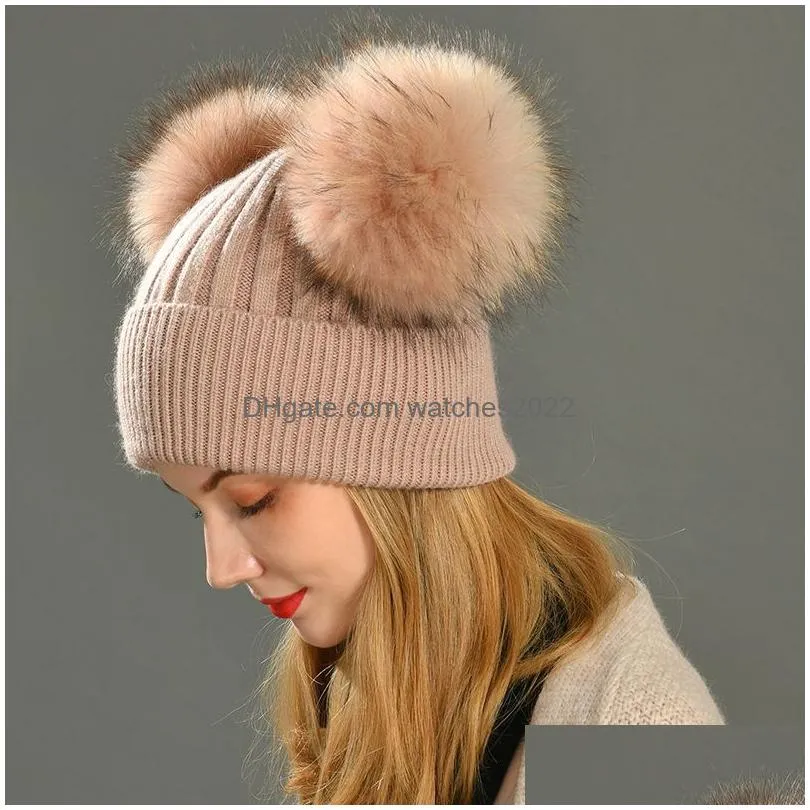 Beanie/Skull Caps Beanieskl Caps Wide Brim Hats Bucket Winter Fashion Fur Pompom For Girls Cloghet Beanie Adts Knitted Wool Double Two Dhckz