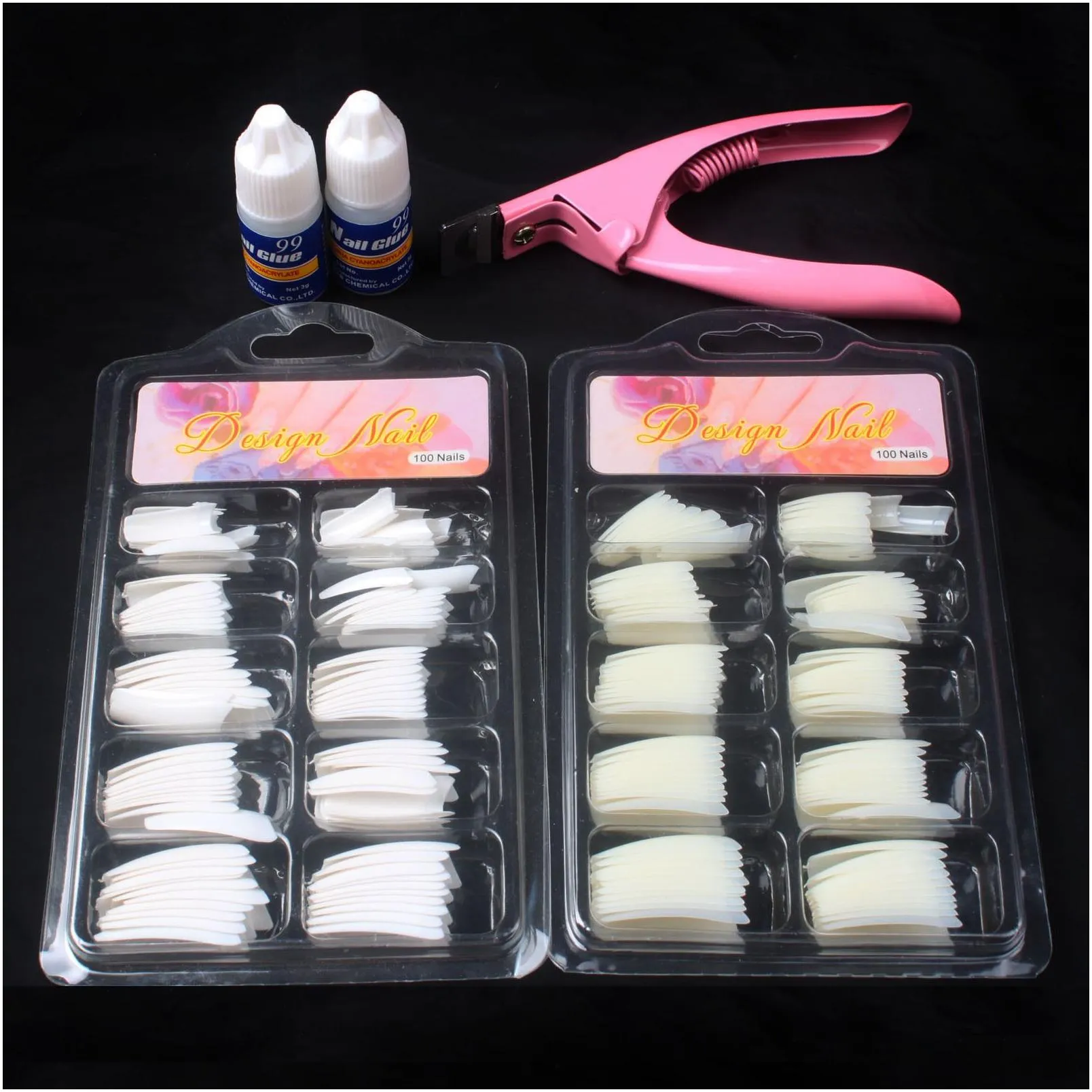 100 pcs natural white false acrylic nail kit french tips nail art glue cutter tools kits set to build gel nails