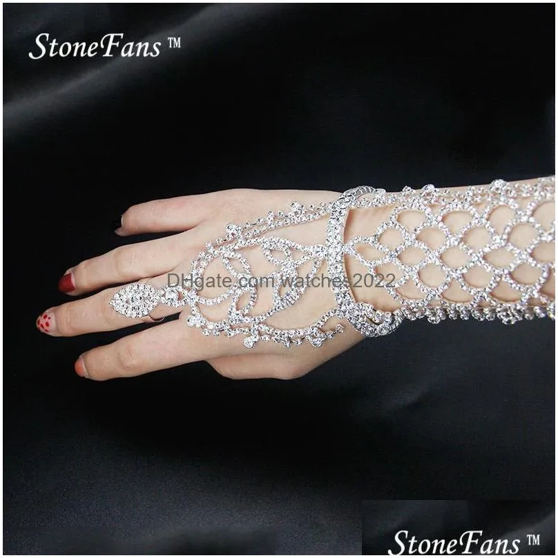 Other Stonefans Rhionestone Ab Long Leaves Bracelet And Bangles With Ring Men Wedding Cuff Arm Bracelets For Women Present Drop Deliv Dhhf5