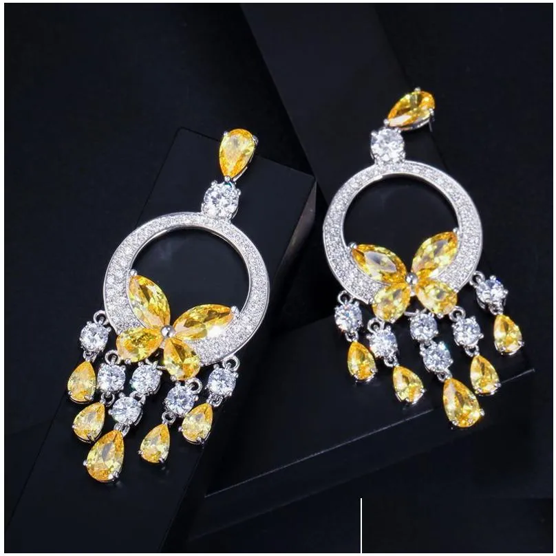 dangle chandelier cwwzircons quality long big cz stone yellow crystal tassel drop earrings for women fashion statement wedding