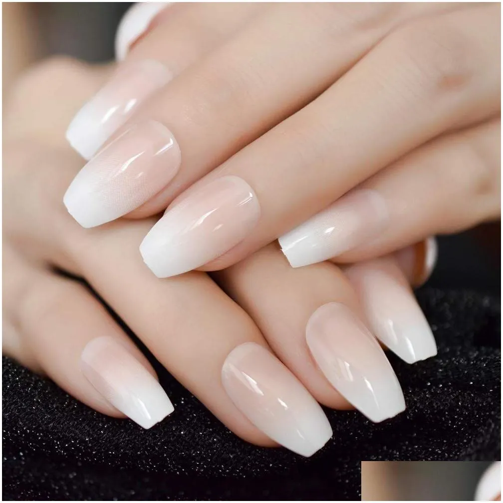 False Nails Pink Nude White Ombre Nails French Ballerina Coffin Gradient Natural Manicure Press On Fake Nail Tips Daily Office Finger Dhqkp