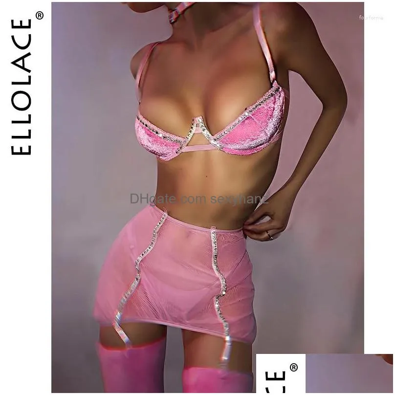 bras sets ellolace velvet rhinestone lingerie bra kit push up underwear fancy delicate exotic fairy pink intimate beautiful outfit