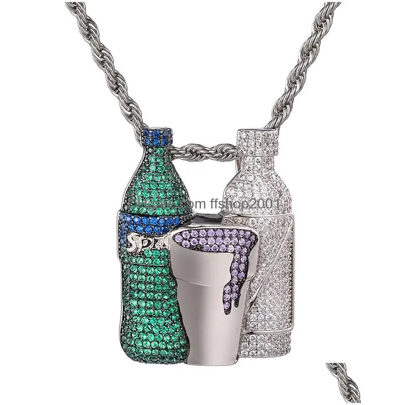 us7 iced out sprite bottle cup pendants necklaces crystal zircon shiny wine bottle necklace hip hop bling rapper jewelry1709006