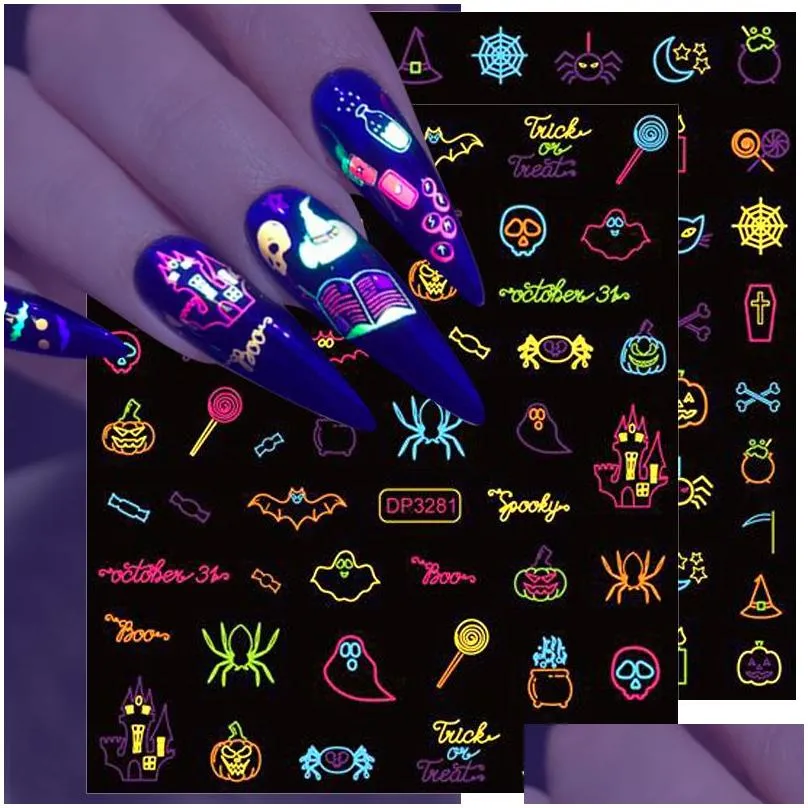 Stickers & Decals Colorf Halloween Nail Stickers Glow In The Dark Neon Luminous Fluorescent Fingernails Design Great For Party And Bar Dha5Y