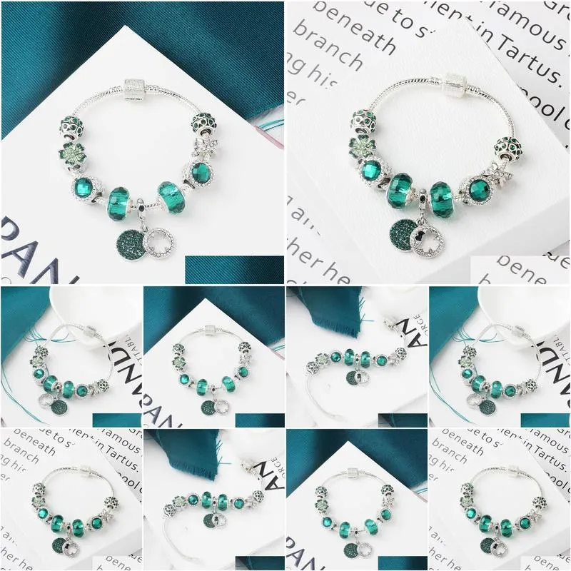 Jewelry Wholesale-Charm Bead Alloy Sier Plated Bracelet Suitable For Pandora Style Green Crystal Tetrafolium Jewelry Drop Delivery Wed Dhekf