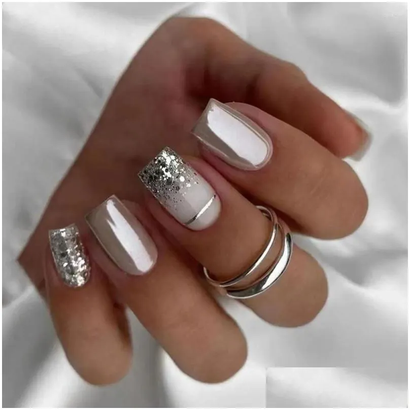 false nails 24pcs nail tips diy fake nials glitter silver long square french