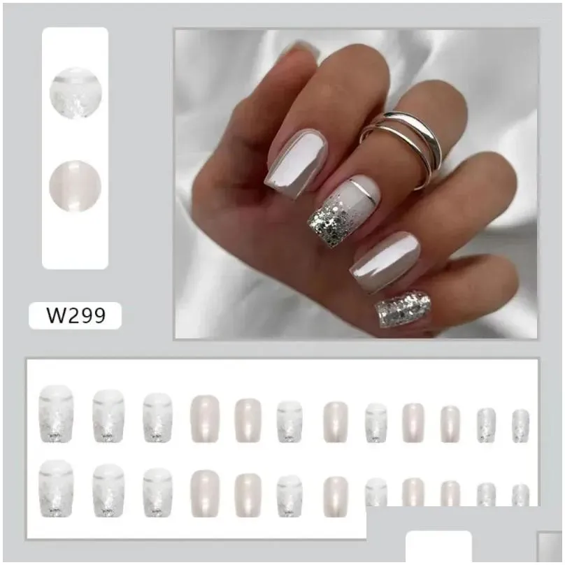 false nails 24pcs nail tips diy fake nials glitter silver long square french