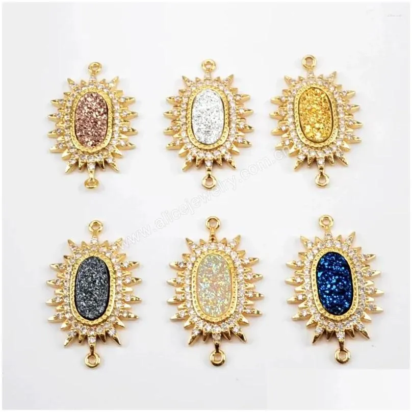 pendant necklaces borosa 10pcs fashion golden plated cz micro pave crystal man-made druzy connector double charms for necklace women