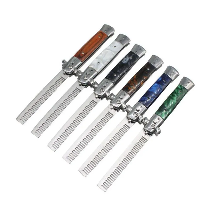 1pcs automatic stainless steel combs foldable knife brushes hair trimmer comb brush accessories butterfly mens pocket knife comb