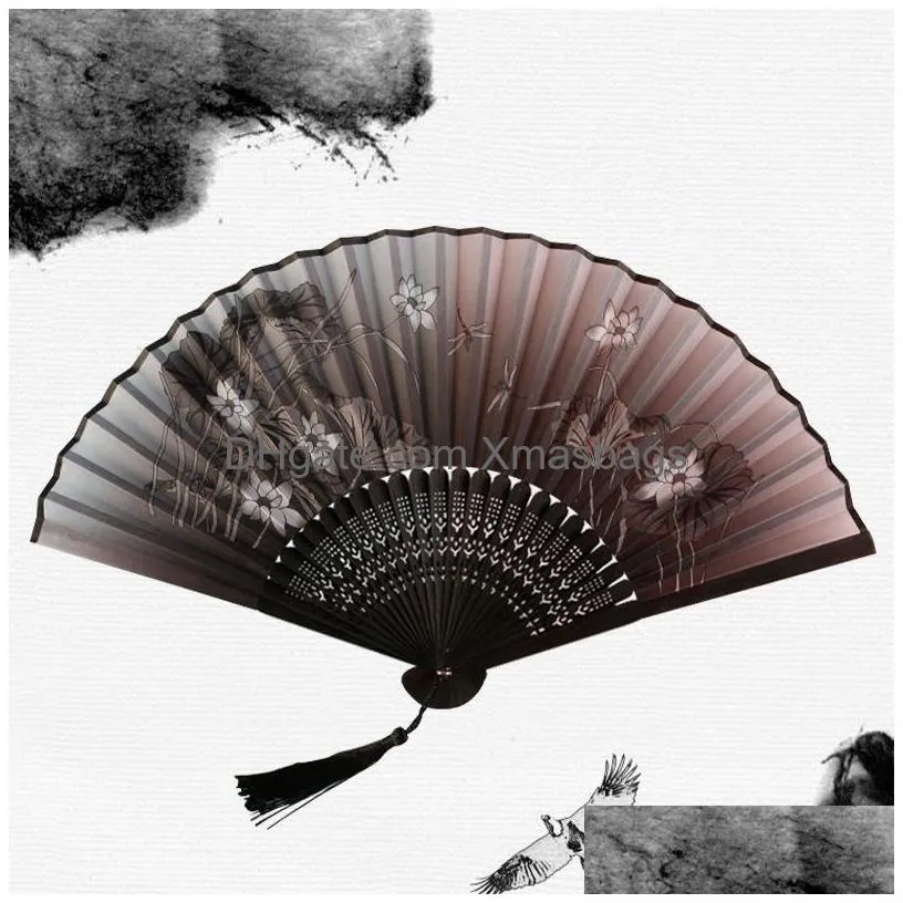 chinese japanese silk folding fan wooden shank classical dance fan high quality tassel elegent female fan home decoration