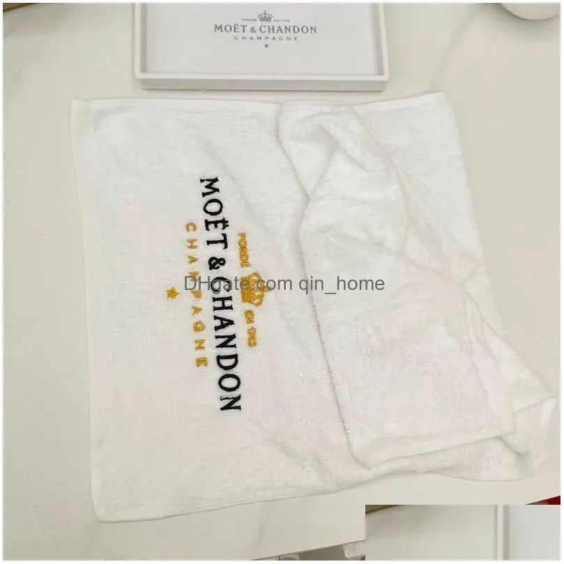 embroidered moet chandon white cotton party service hand towel