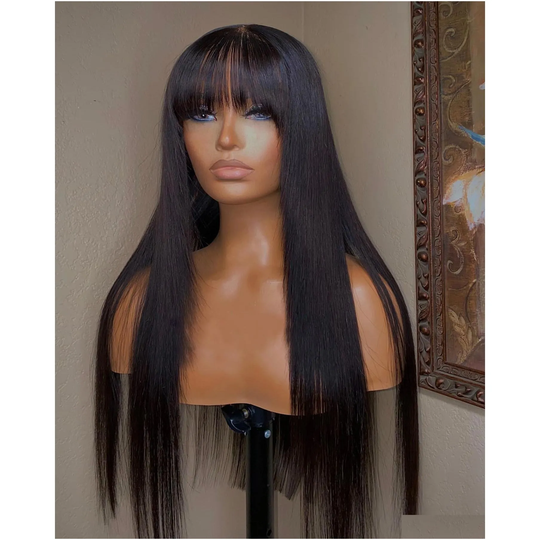 pervian human hair wigs straight hair with bangs fringe for women brazilian bob wig glueless none full lace wig synthetic