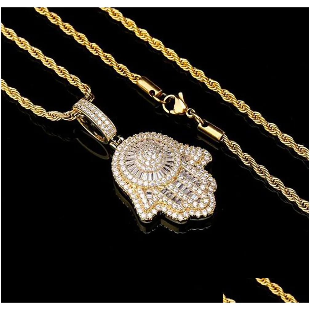 Jewelry Iced Out Hand Of Fatima Hamsa Pendant Necklace Cz Copper Top Quality Cubic Zircon Bling For Men Drop Delivery Wedding , Party Dh5Tb