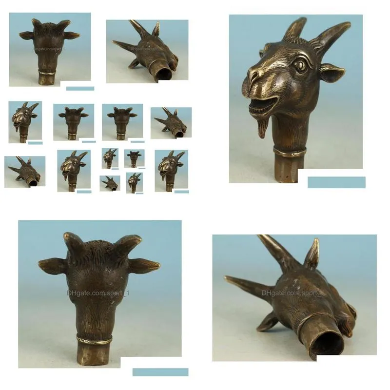 collect bronze handmade carving goat head sheep head cane walking stick head statue deer statue3837122