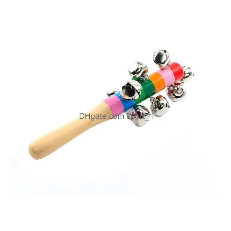 18cm party favor rattles jingle bells wooden stick style rainbow hand shake sound bell baby educational toy children gift2239959