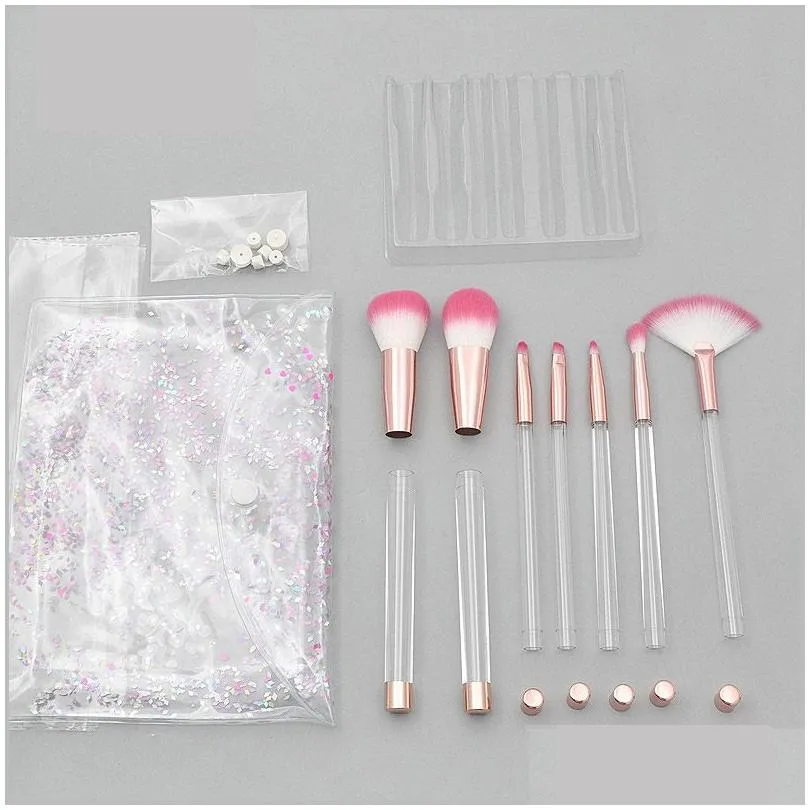 Makeup Brushes 7 Pcs Liquid Glitter Makeup Brushes Empty Transparent Crystal Hollow Handle Brush Set Diy Manual Perfusion Sand Make Up Dhgoe