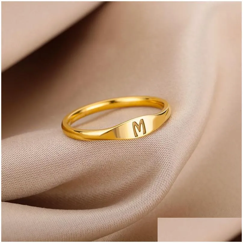 Band Rings Gold Tiny Initial Letter Rings For Women Fashion A-Z Finger Stainless Steel Ring Aesthetic Wedding Jewelry Gift Bijoux Dro Dh6Nq