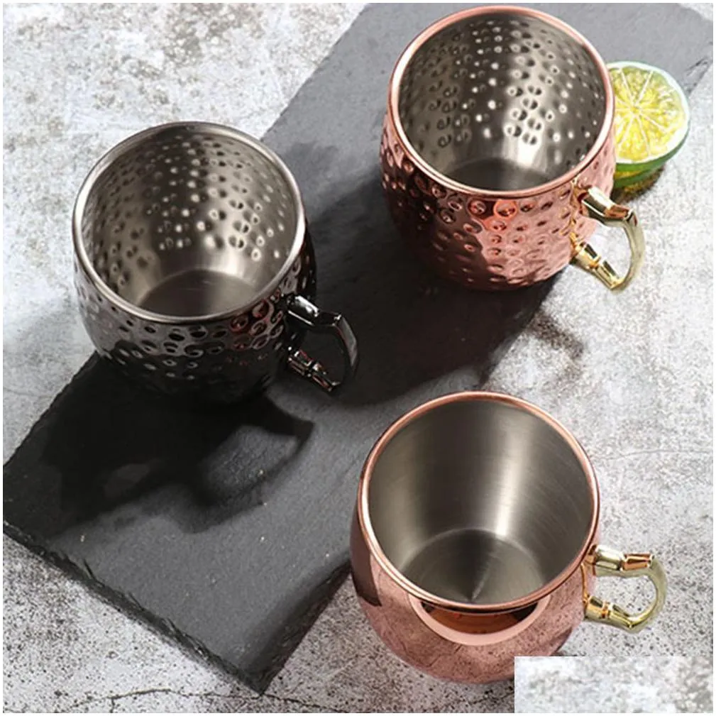 Mugs 530Ml Moscow Me Mug Stainless Steel Ktv Mugs Hammered Copper Plated Beer Cup Coffee Cups Bar Drinkware 18Oz For Cocktail With Ret Dhsqk