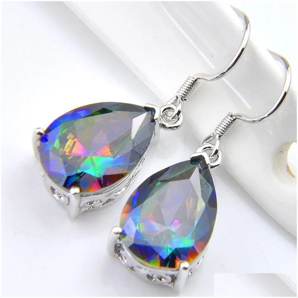 Dangle & Chandelier Luckyshine Wholesale 3 Pairs / Lot Classic Fire Rainbow Water Drop Mystic Topaz Gemstone 925 Sterling Sier Usa We Dhmej