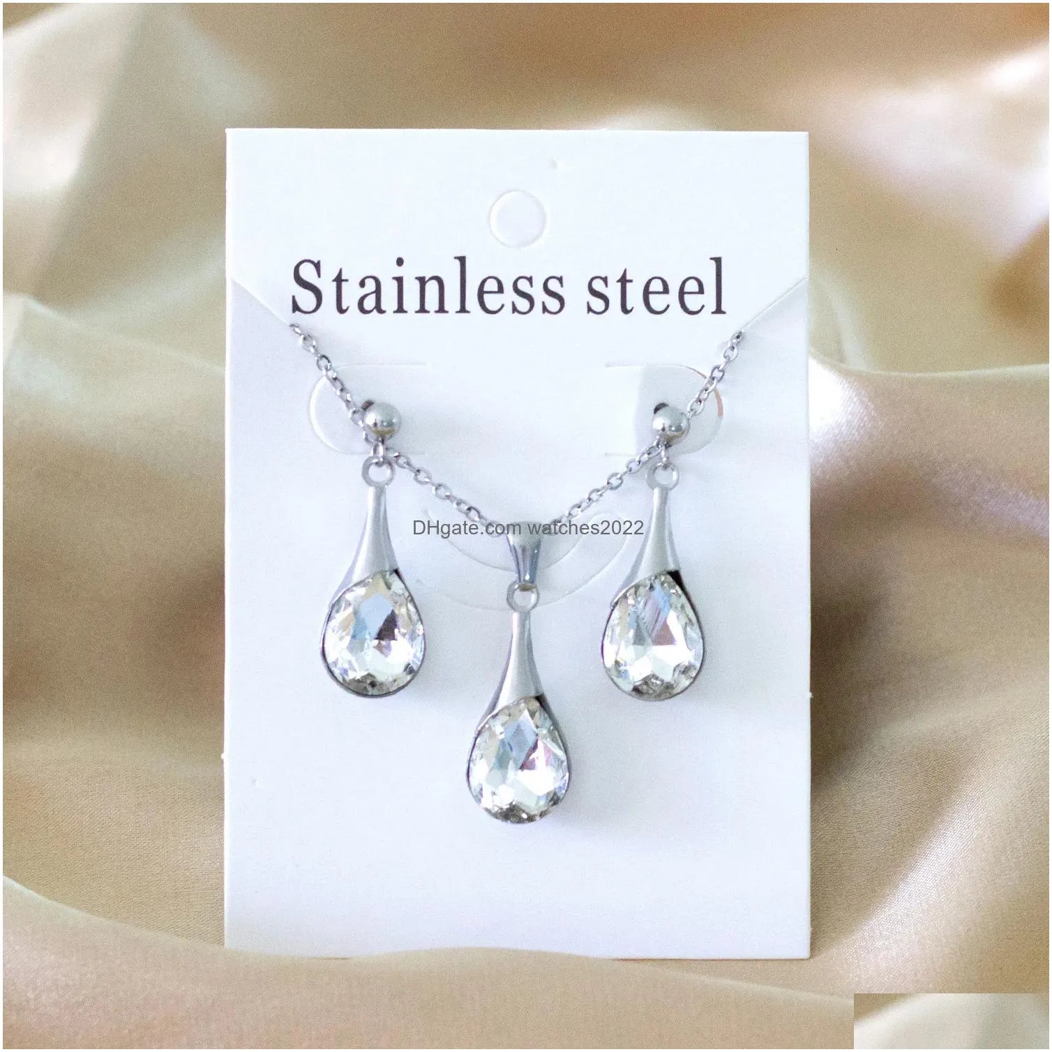 Wedding Jewelry Sets Korean Fashion Stainless Steel For Woman Water Drop Pendant Necklaces And Earrings Set Cubic Zirconia Gold Drop Dhkyd