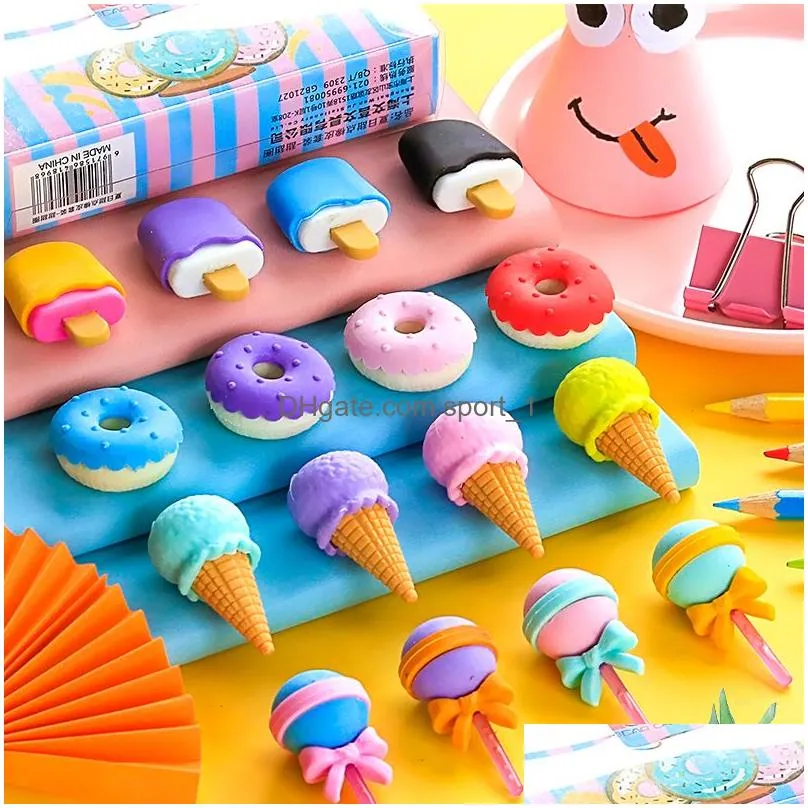 dhs 4pcs yummy dessert erasers set mini lollipop icecream popsicle donuts rubber pencil eraser for kids school student award dd9480175