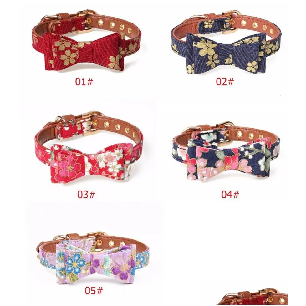 Dog Collars & Leashes Cherry Flower Pattern Bow Tie Fabric Pet Dog Collar Leash Lead Tools Training Collars Supplies Drop Delivery Hom Dhehf