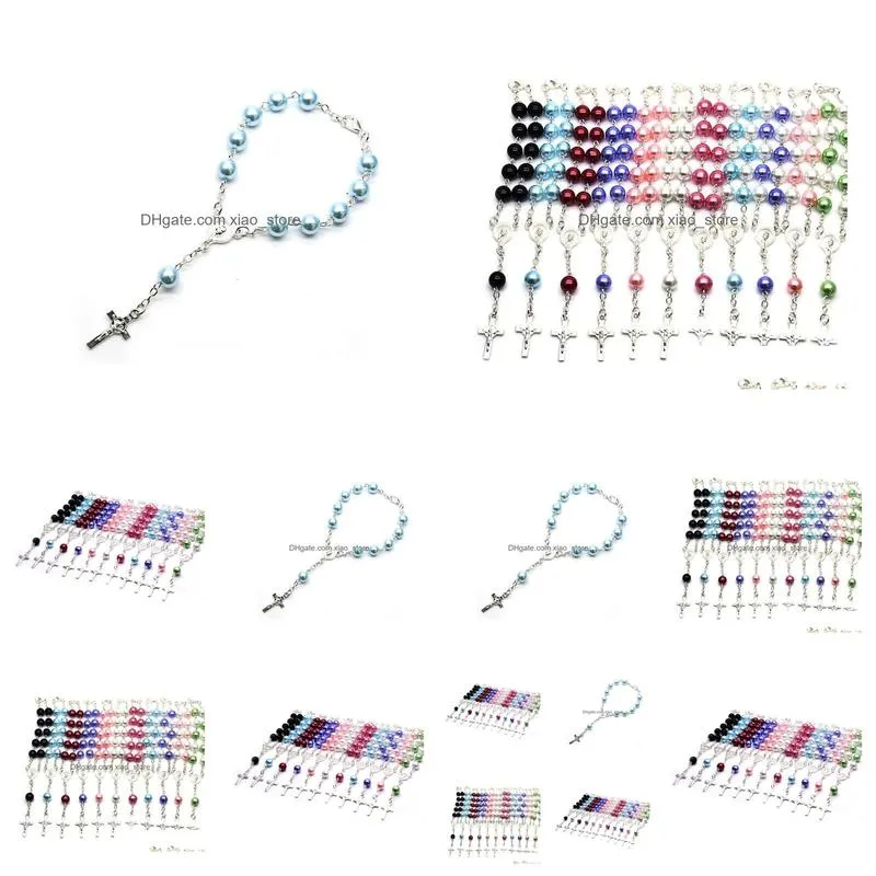 2021 classic pearl rosary cross bracelet for women men jewelry 8mm prayer beads bangle catholic religious bracelets wedding gift