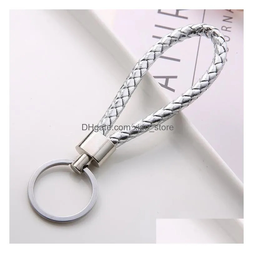 2022 30 color pu leather braided woven keychain rope rings fit diy circle pendant key chains holder car keyrings jewelry